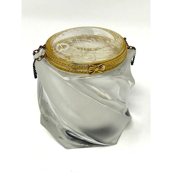 Frosted Crystal Gold Trimmed Hinged Dresser Trinket Box Musical Notes Signed KF - Picture 1 of 13